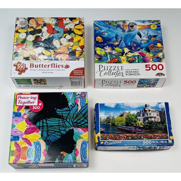 Lot 4 JIGSAW PUZZLES 300 500 550pc Butterflies Dolphin Amsterdam Woman COMPLETE - Picture 1 of 7